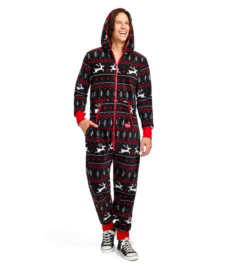 Tipsy Elves Christmas Onesies for Adults - Comfy Unisex Matching Holiday Jumpsuits with Convenient Pockets - Cozy Black Fair Isle Christmas Jumpsuit Size Small - Image 2